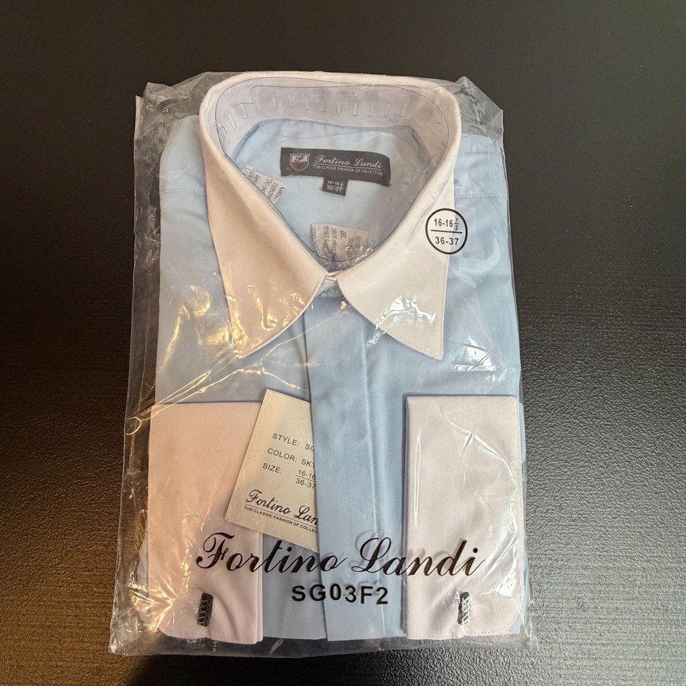 Fortino Landi Mens Dress Shirt NWT Sky Blue White Contrast Collar 16-16.5 36-37